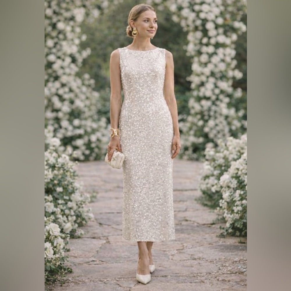 NWT Alex Marie 8 Ivory Sequin Boat Neck Maxi Dress New Years Eve